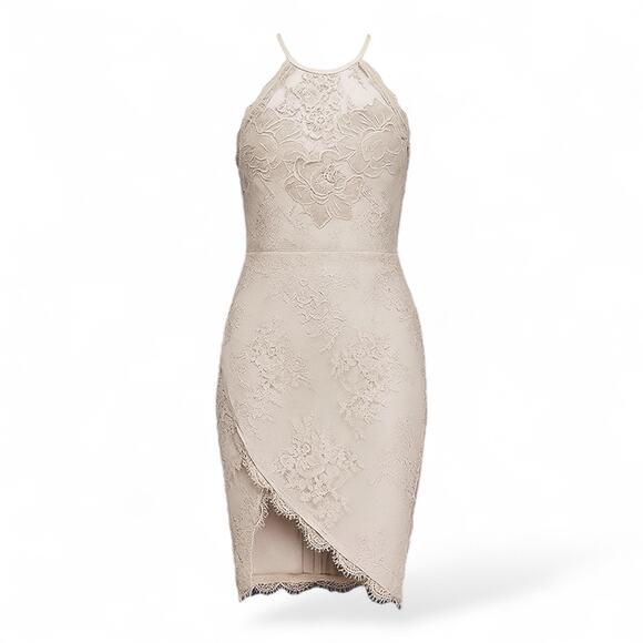 Saylor Size Small Lace Halter Mini Dress Beige Bridal Shower Feminine High Neck - Picture 13 of 13